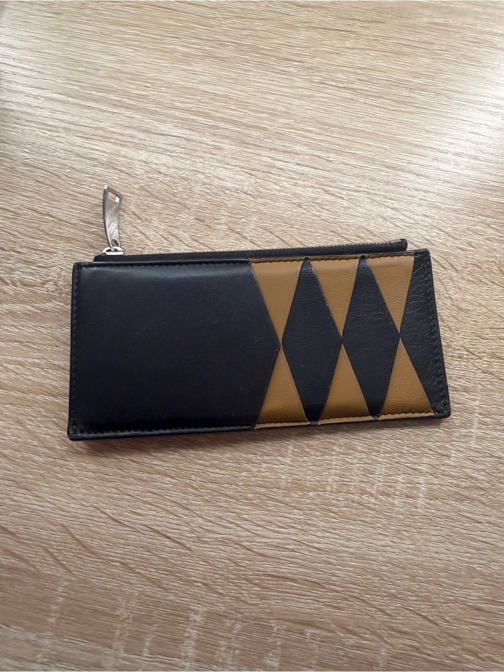 Bottega Veneta Black and Brown Geometric Zip Card Holder